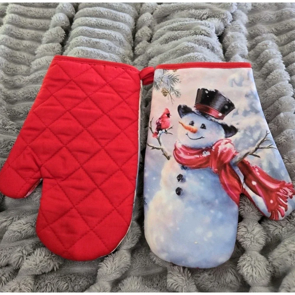 Christmas Snowman Kitchen Set Towel Oven Mitt Pot Holder Red Cardinal‎ Winter